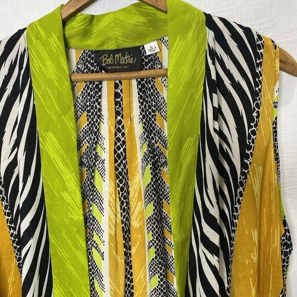 Vtg BOB MACKIE Wearable Art Open Front Blouse Sleeveless Bold 80s Womens L Green - Picture 8 of 8